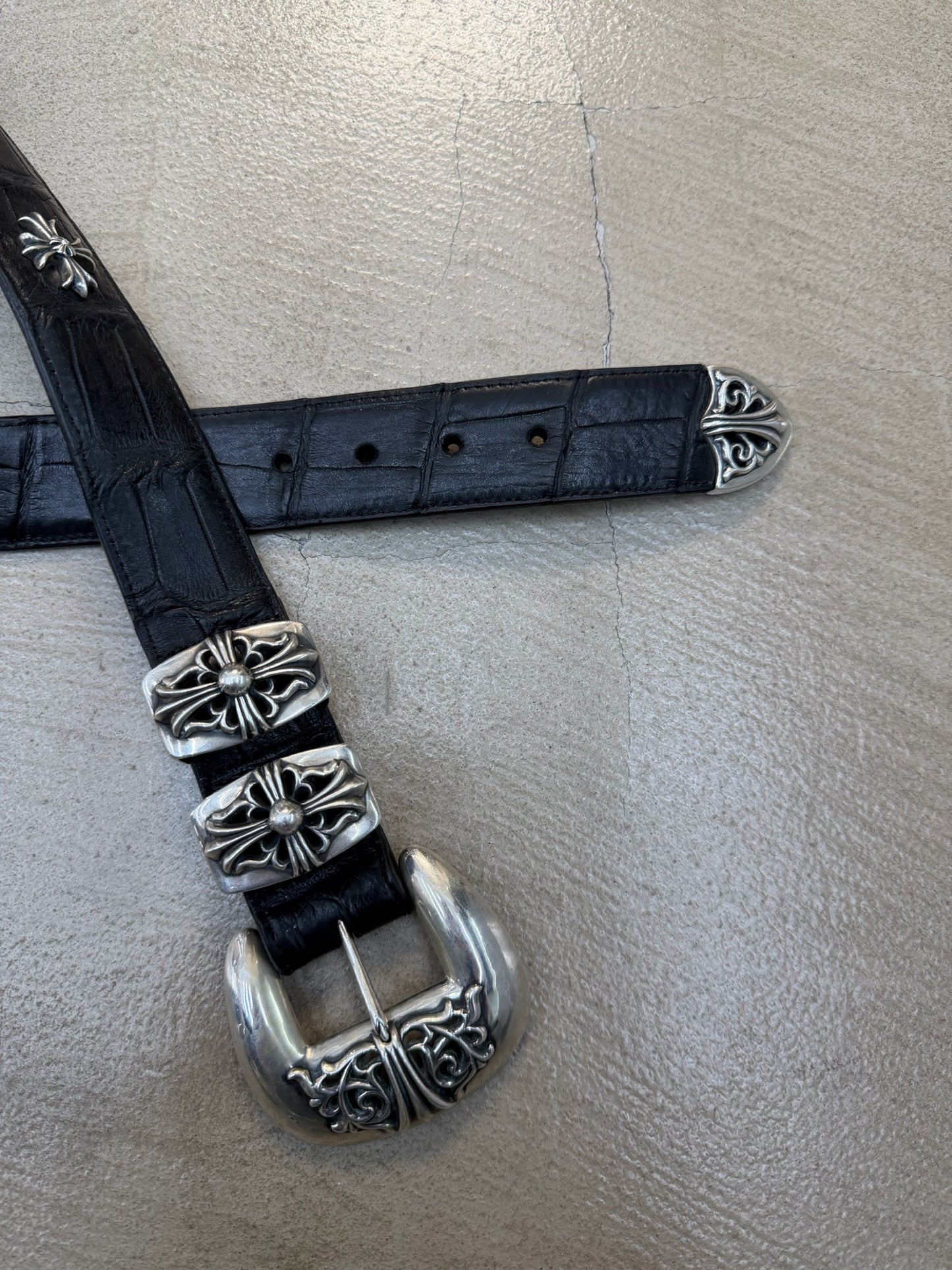 Chrome Hearts Alligator Leather 4 Piece Silver Black Western Cross Belt