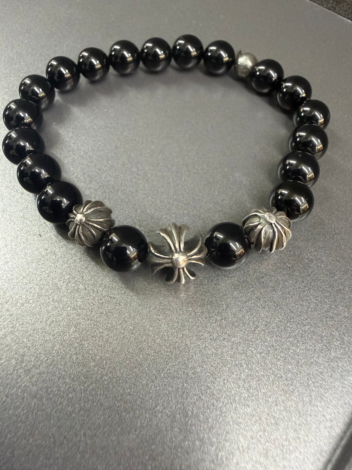 Chrome Hearts Black Stones Cross Ball Bracelet 8mm