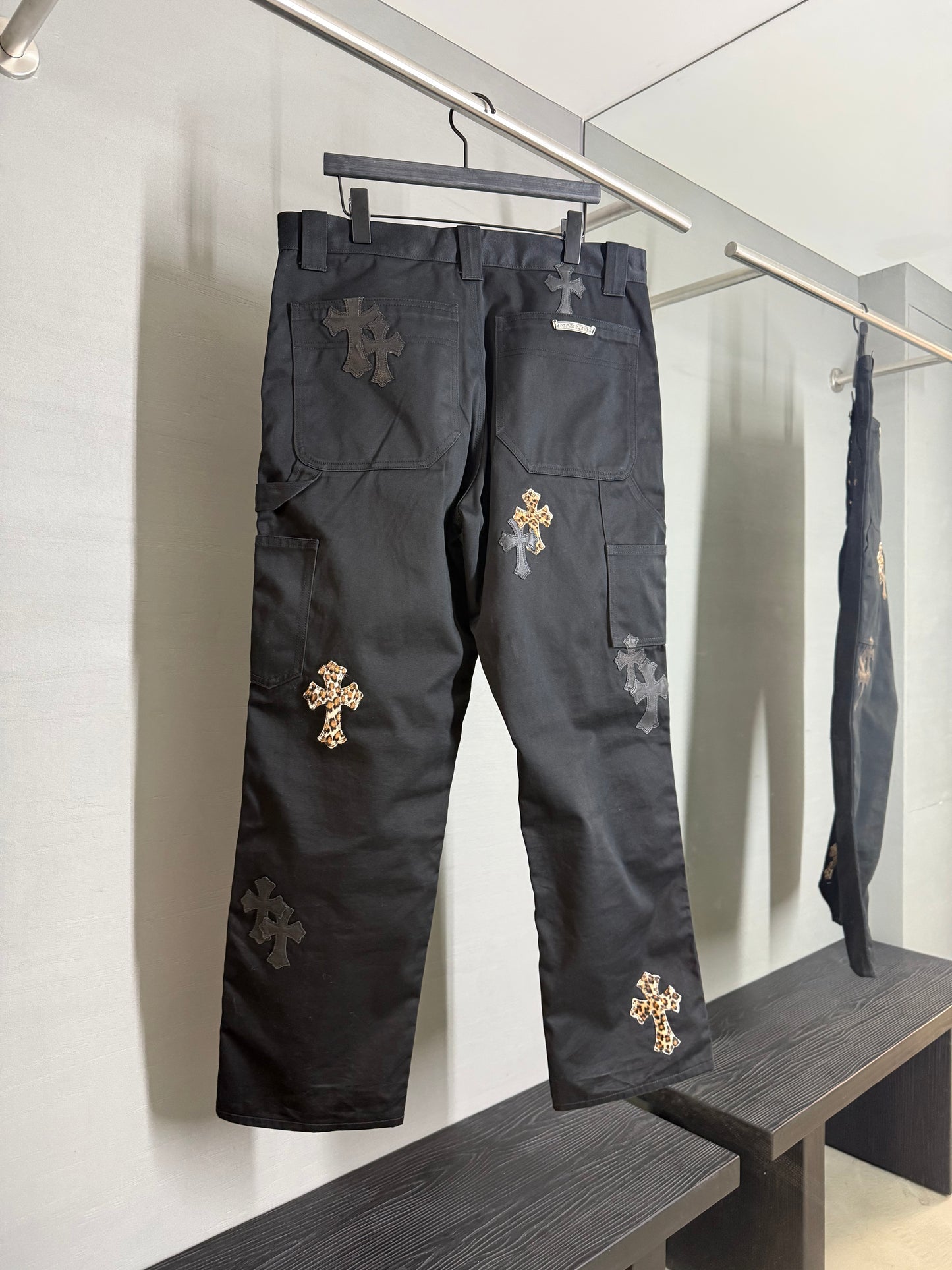 Chrome Hearts Leopard leather cross patch carpenter pants