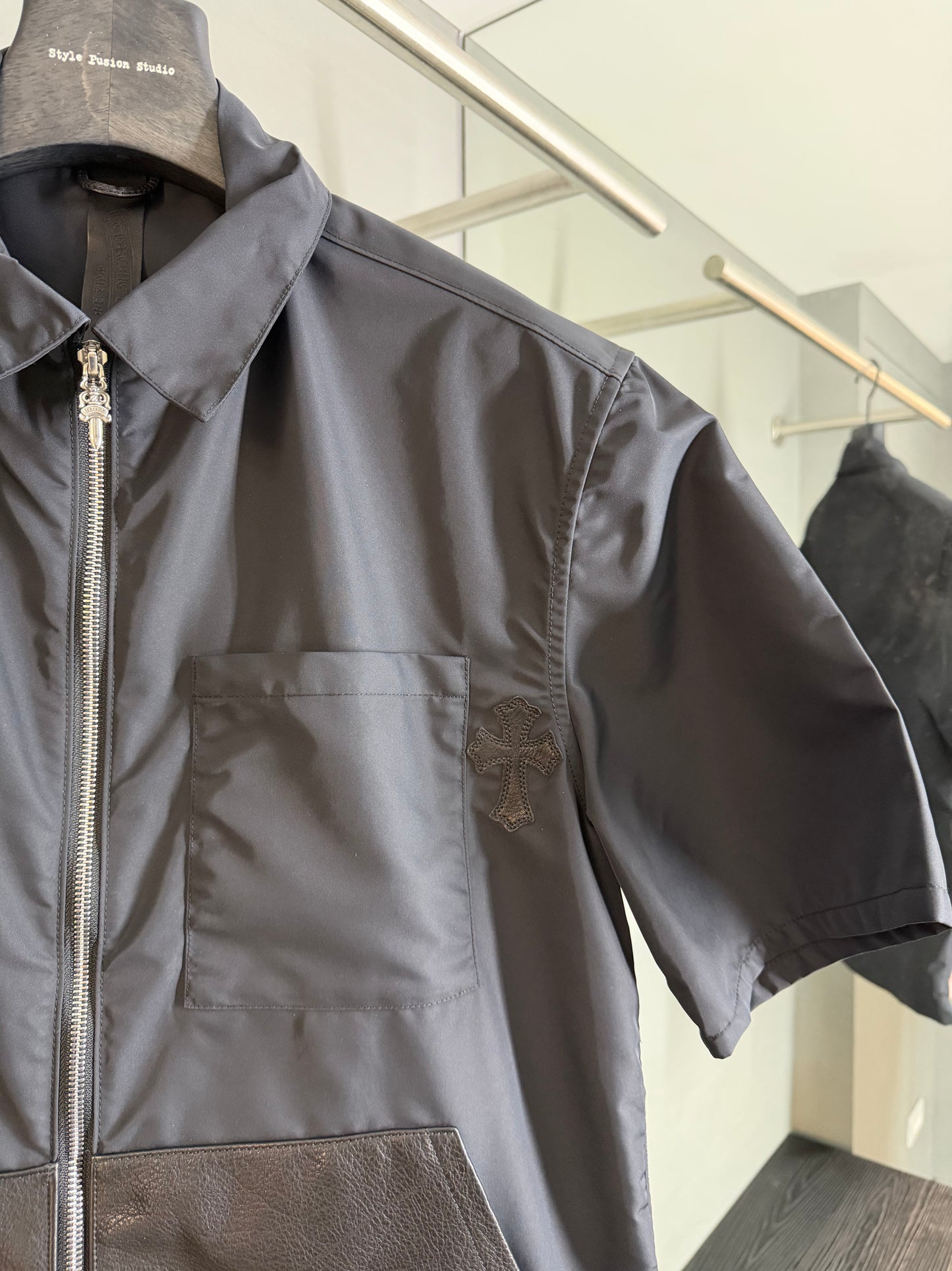Chrome Hearts Nylon Leather Pockets Zip-Up Shirt (Lucky Patch)