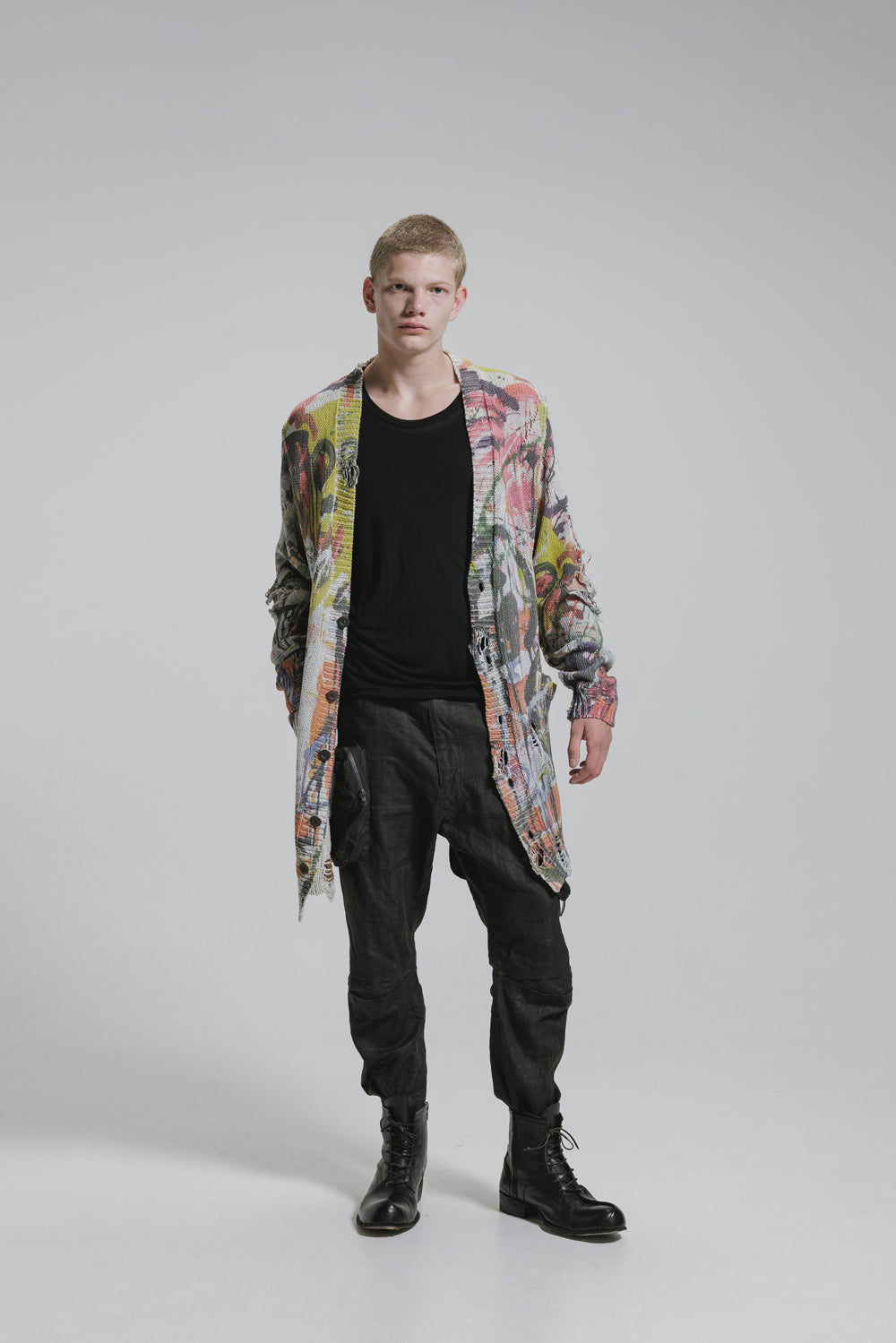 NUDE:MM Inkjet Print Cotton 3GG Damage Knit Cardigan