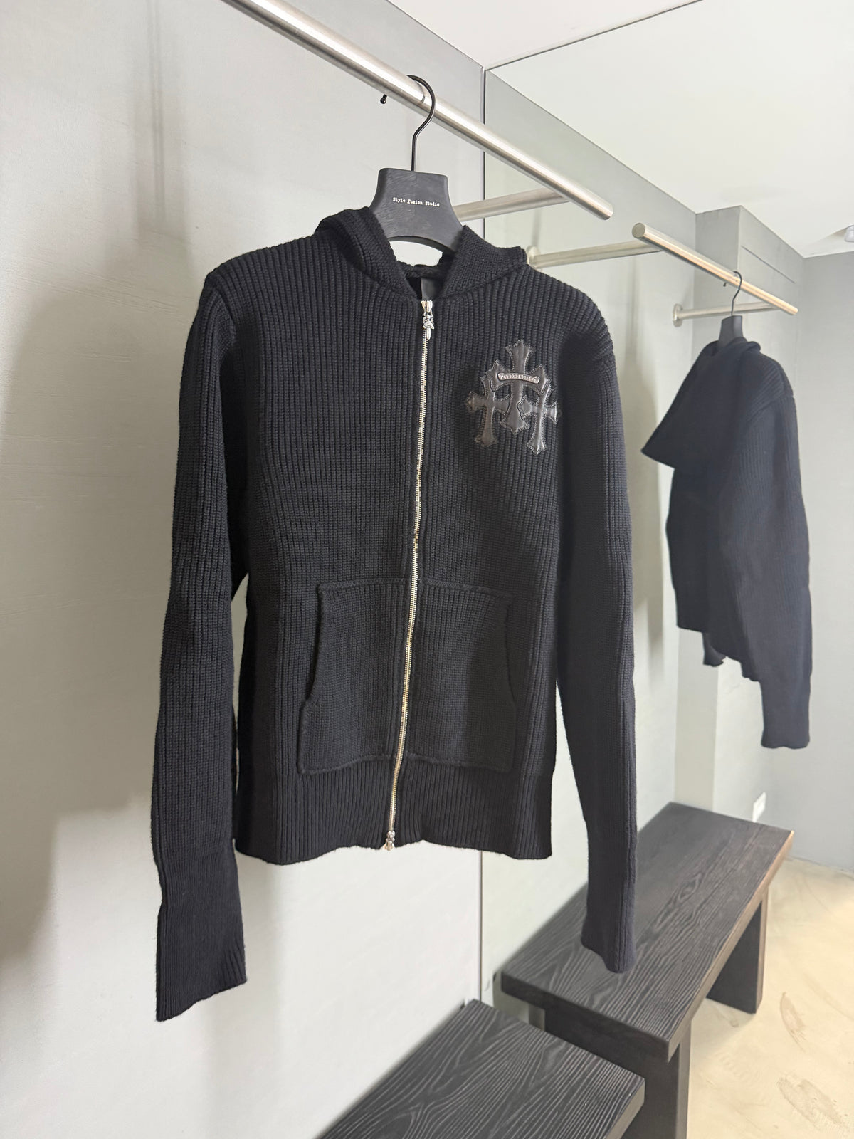 Chrome Hearts Cashmere Leather Cross Zip-Up Sweater