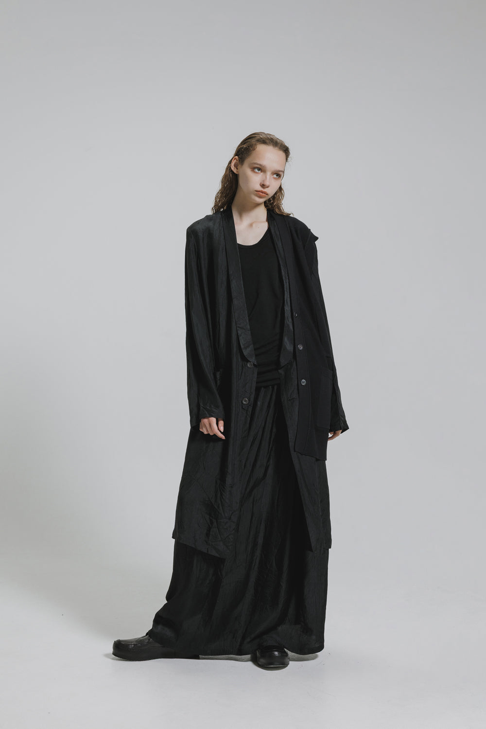 NUDE:MM Acetate Twill Long Jacket With 7GG Kint Half Vest