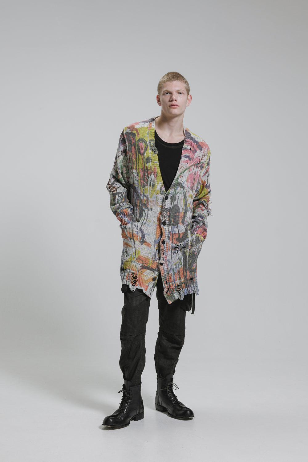 NUDE:MM Inkjet Print Cotton 3GG Damage Knit Cardigan