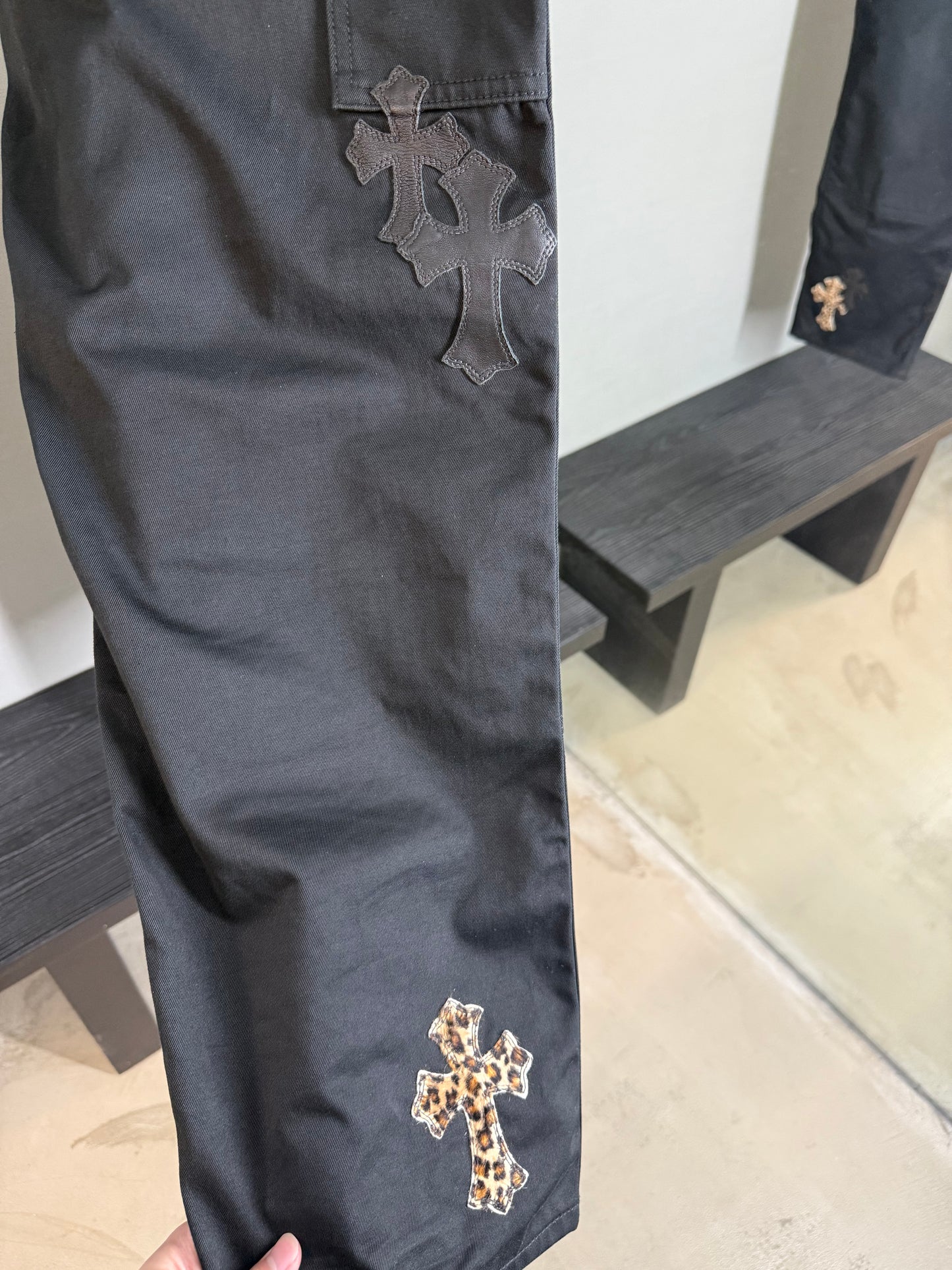 Chrome Hearts Leopard leather cross patch carpenter pants