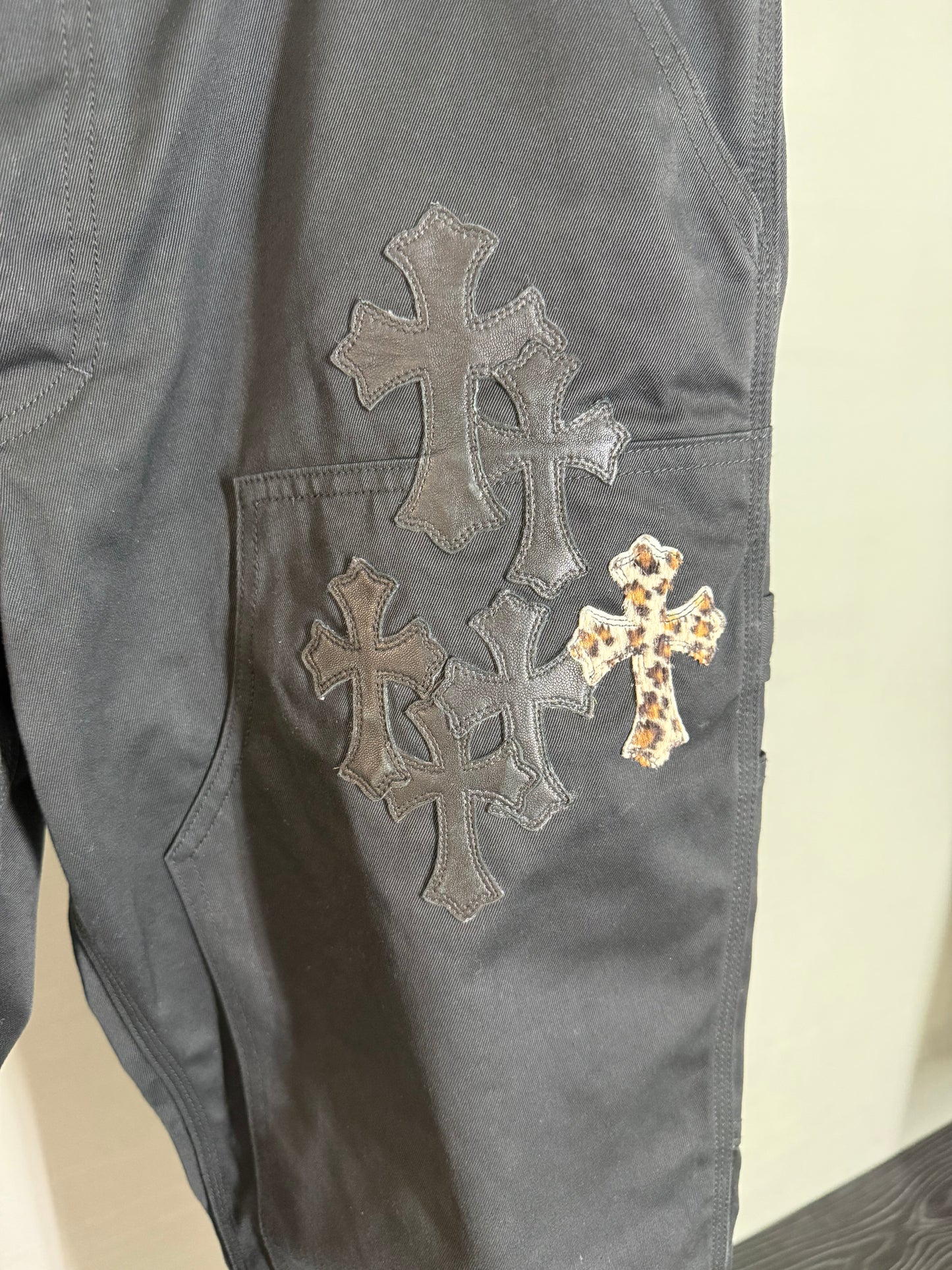 Chrome Hearts Leopard leather cross patch carpenter pants
