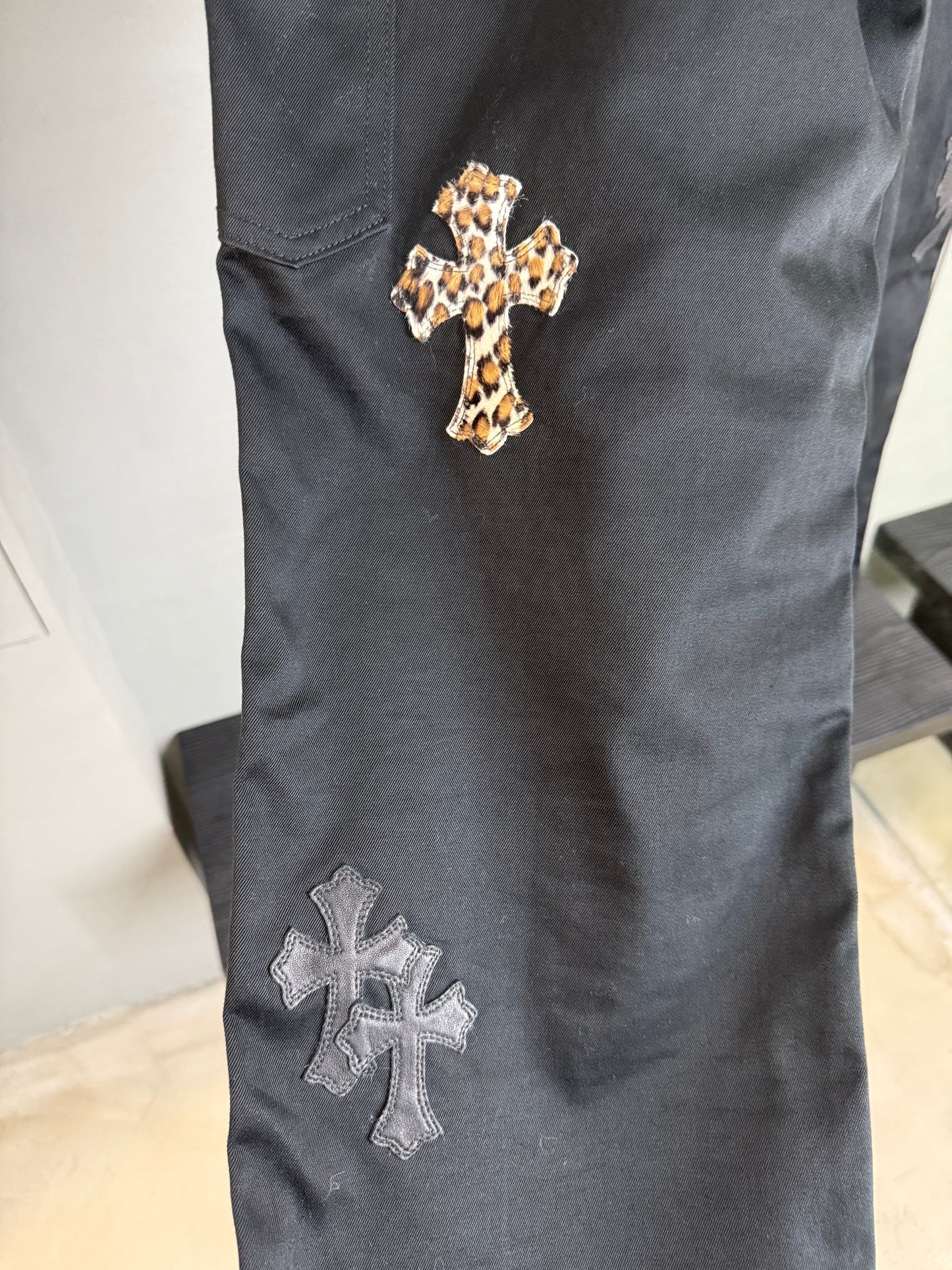 Chrome Hearts Leopard leather cross patch carpenter pants