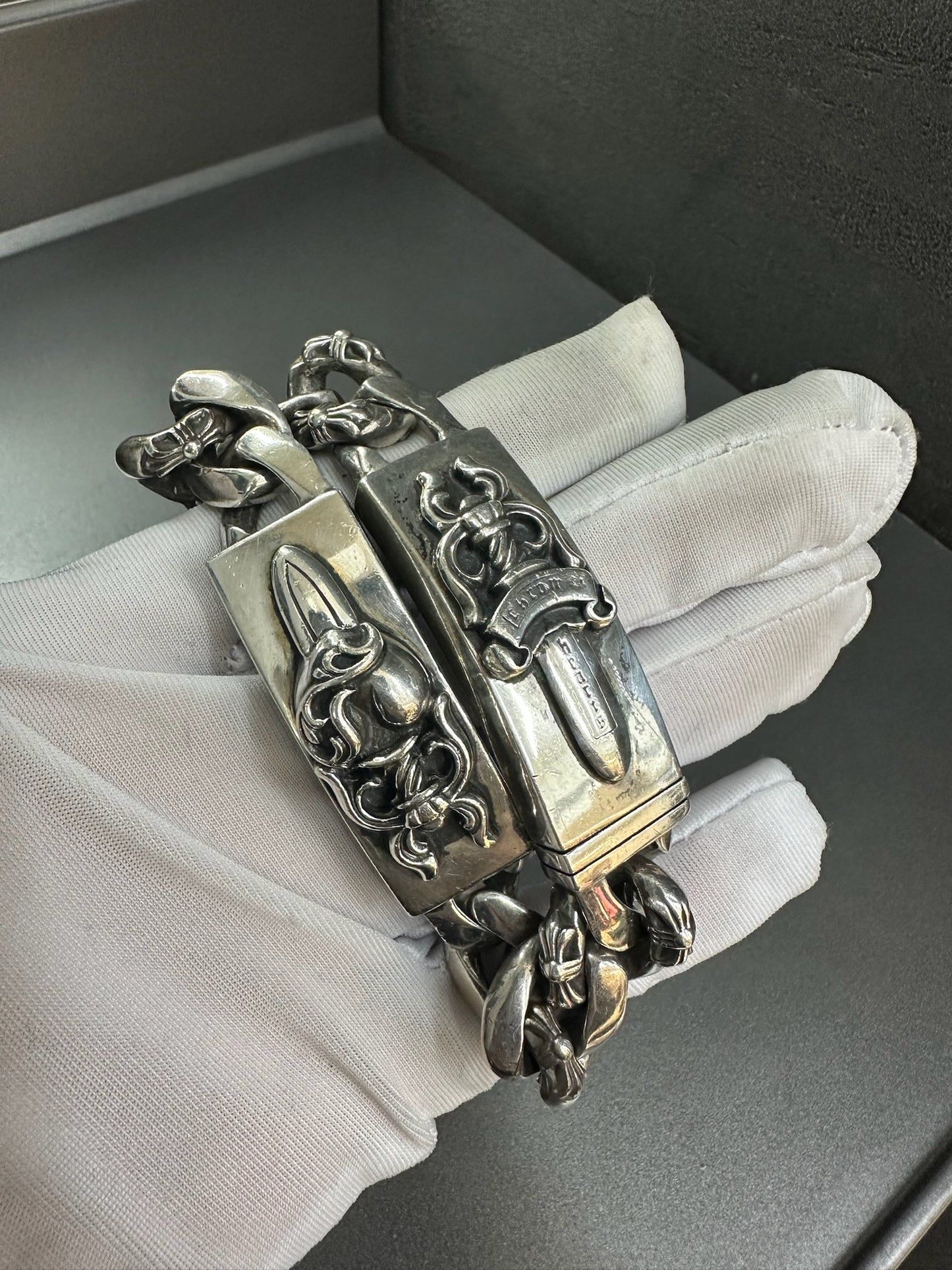 Chrome Hearts Dagger Hearts Fancy Link Double ID Bracelet