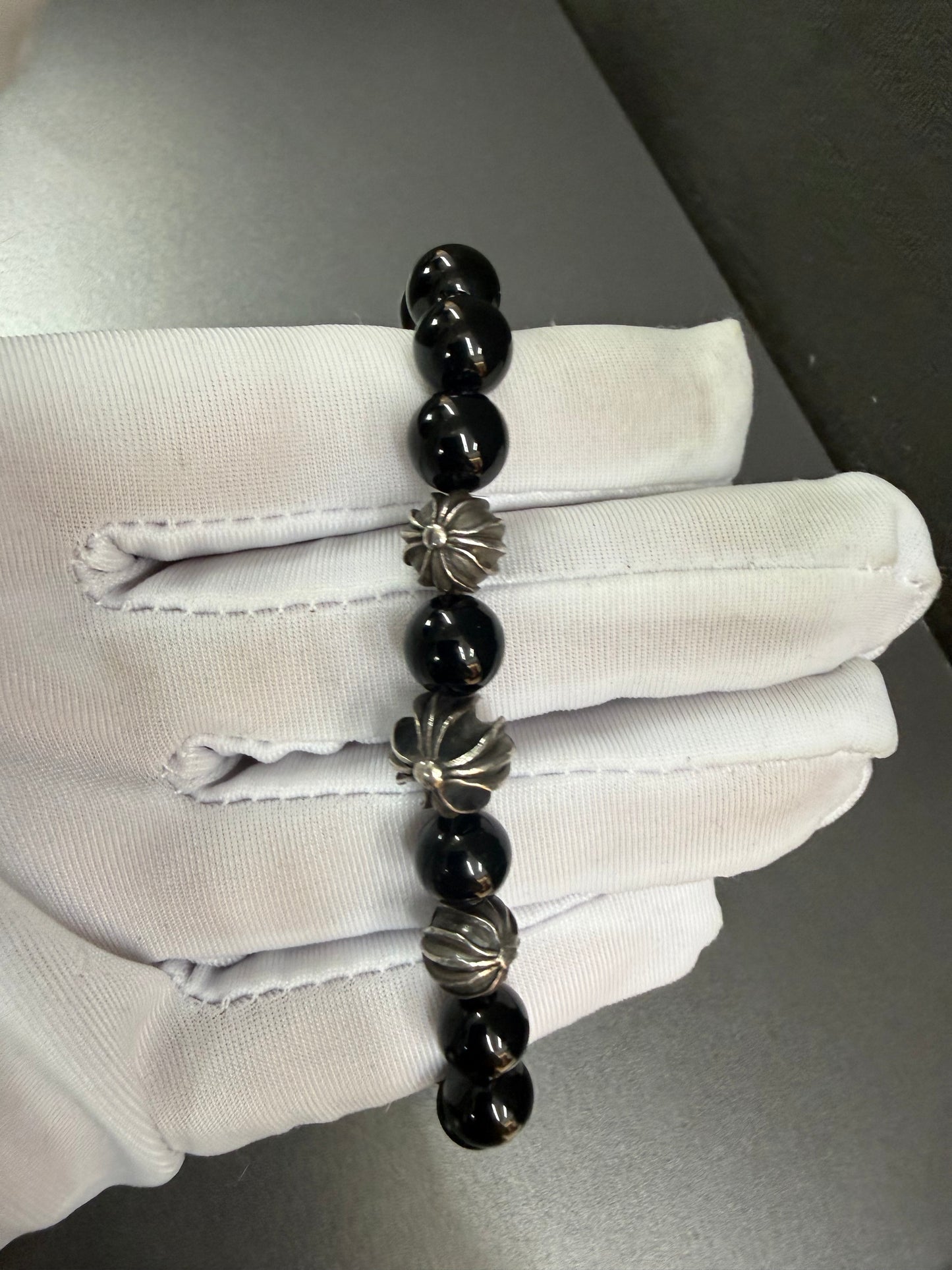 Chrome Hearts Black Stones Cross Ball Bracelet 8mm