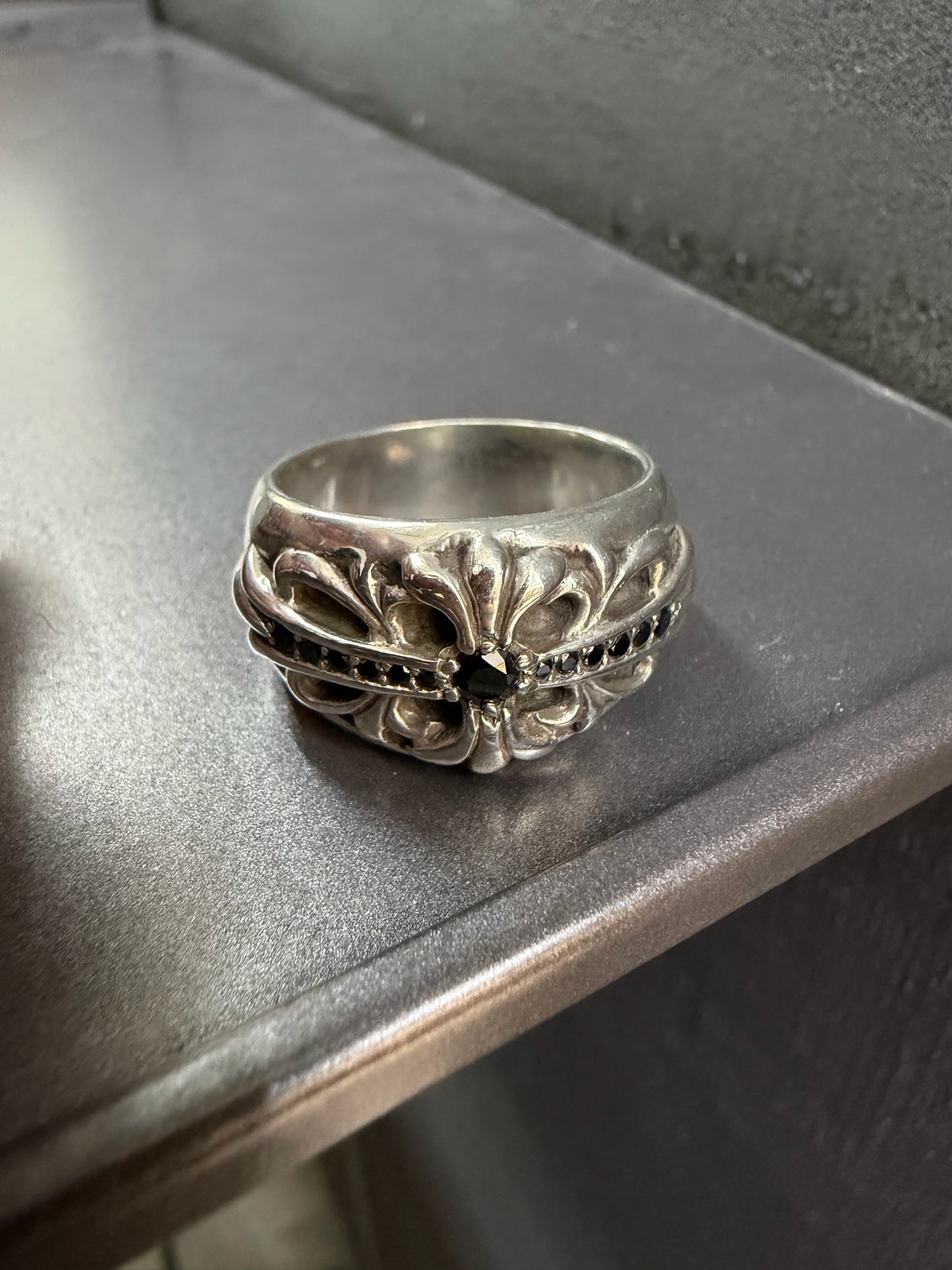 Chrome Hearts Baby Floral Keeper Ring with Black Diamonds